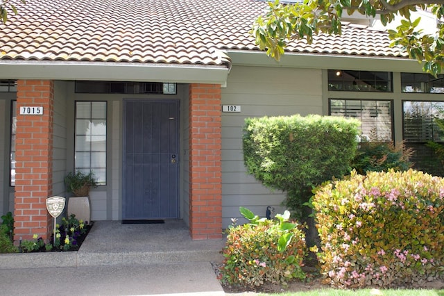 doorway to property with brick siding and a tiled roof