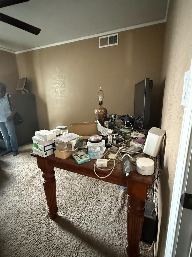 342 N Minnewawa, Fresno, CA 93727 - dining space with ornamental molding, carpet floors, and a textured wall