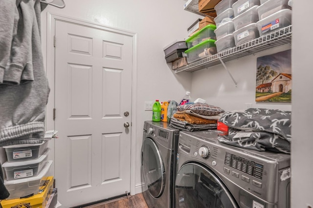 375 Amber Ln, Dinuba, CA 93618 - washroom featuring laundry area, wood finished floors, and washer and clothes dryer