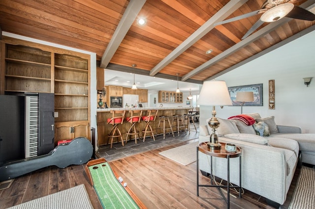 living room featuring wood ceiling, lofted ceiling with beams, and dark wood-style floors