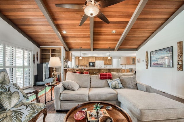 living area featuring baseboards, lofted ceiling with beams, dark wood-style floors, ceiling fan, and wooden ceiling