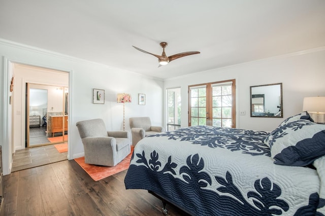 bedroom featuring access to outside, ornamental molding, a ceiling fan, and wood finished floors