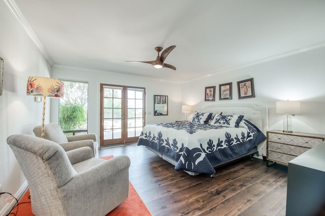 bedroom featuring access to outside, hardwood / wood-style floors, french doors, and crown molding