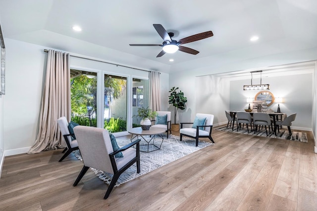 8683 N Colfax Ave, Fresno, CA 93720 - sitting room with baseboards, a ceiling fan, wood finished floors, and recessed lighting