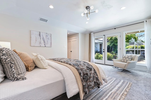 8683 N Colfax Ave, Fresno, CA 93720 - bedroom featuring visible vents, recessed lighting, carpet, and access to outside