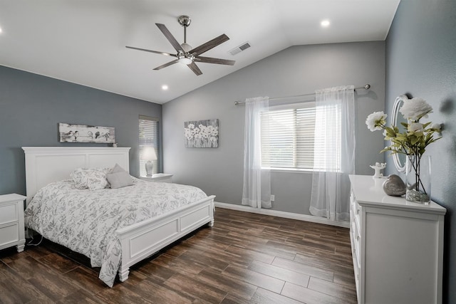 bedroom with lofted ceiling, dark wood-style floors, multiple windows, a ceiling fan, and recessed lighting