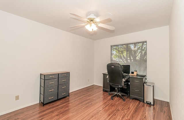 home office with baseboards, a ceiling fan, and wood finished floors