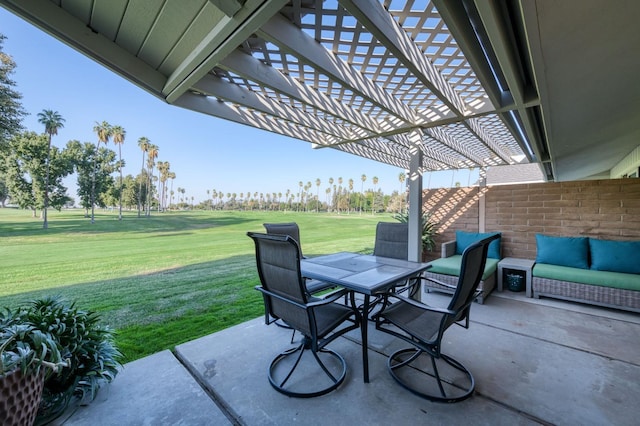 7560 N Charles Ave Unit C, Fresno, CA 93711 - view of patio with a pergola, an outdoor living space, outdoor dining space, and golf course view