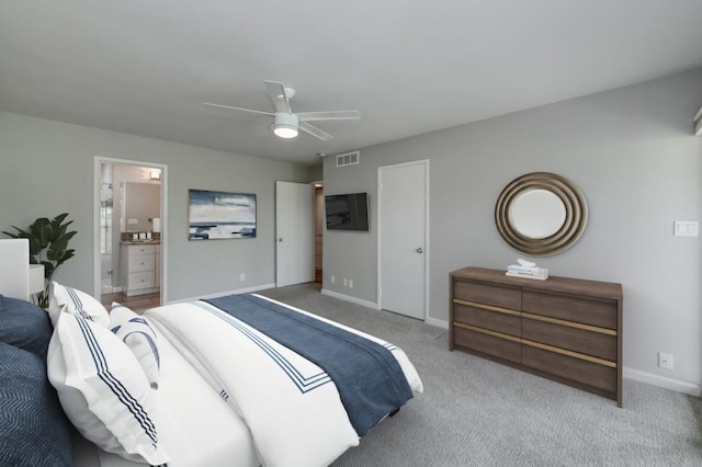 7560 N Charles Ave Unit C, Fresno, CA 93711 - bedroom with carpet flooring, connected bathroom, ceiling fan, baseboards, and visible vents