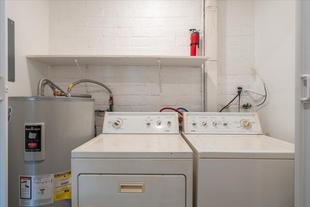 laundry room with electric water heater, laundry area, and washer and clothes dryer