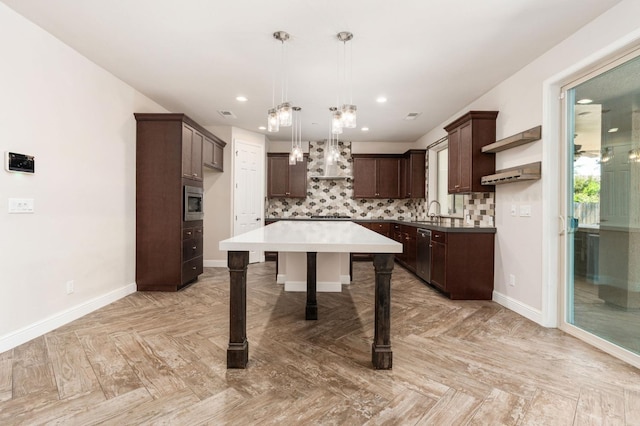1905 E Via Fiore Ave, Fresno, CA 93730 - kitchen featuring dark brown cabinetry, wall chimney range hood, open shelves, a sink, and stainless steel appliances