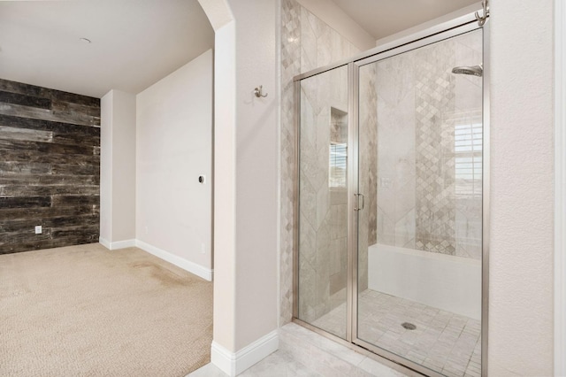 1905 E Via Fiore Ave, Fresno, CA 93730 - bathroom featuring a shower stall, wood walls, and baseboards