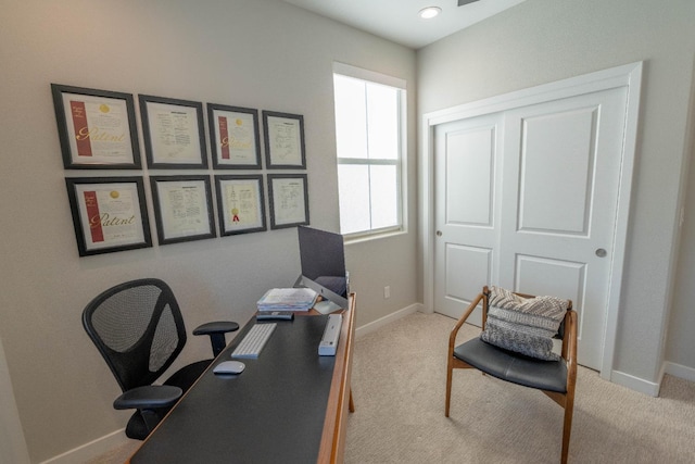 home office with recessed lighting, baseboards, and carpet floors