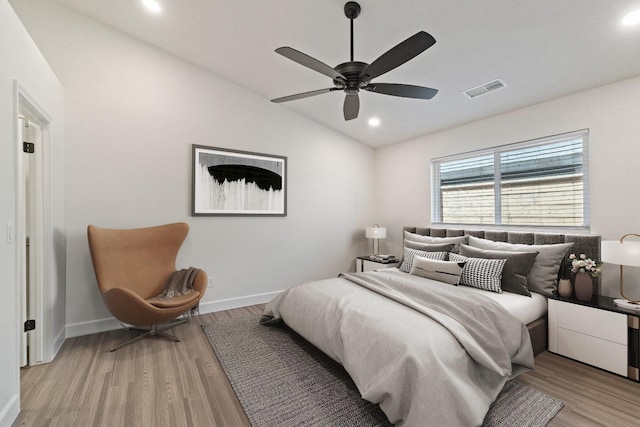 1125 N Purdue Ave, Clovis, CA 93611 - bedroom featuring lofted ceiling, light wood-type flooring, baseboards, recessed lighting, and ceiling fan
