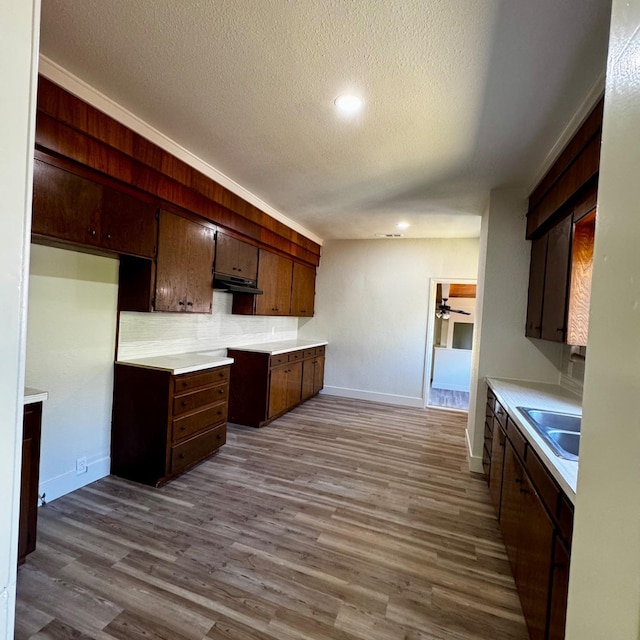 kitchen featuring a sink, baseboards, a textured ceiling, and dark wood finished floors