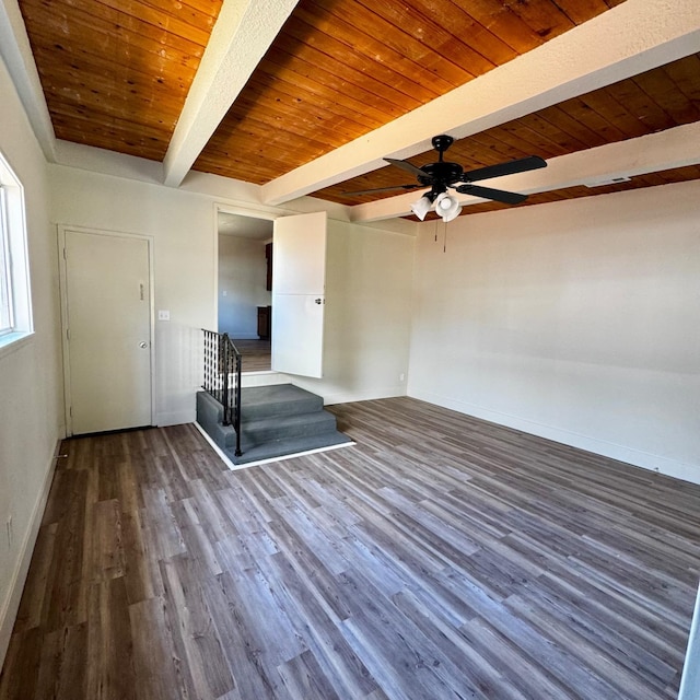 unfurnished room featuring baseboards, wooden ceiling, a ceiling fan, beamed ceiling, and dark wood-type flooring