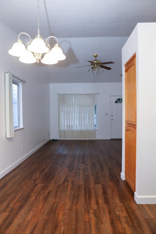 5157 E Truman Ave, Fresno, CA 93725 - empty room featuring a chandelier, baseboards, dark wood-style floors, and a ceiling fan