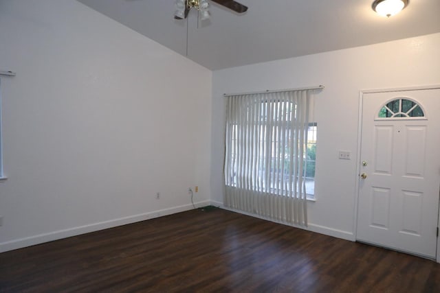 5157 E Truman Ave, Fresno, CA 93725 - entryway with dark wood-style floors, ceiling fan, baseboards, and lofted ceiling