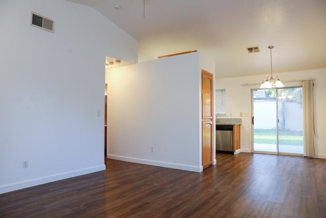 5157 E Truman Ave, Fresno, CA 93725 - spare room with a chandelier, vaulted ceiling, dark wood-style floors, and baseboards