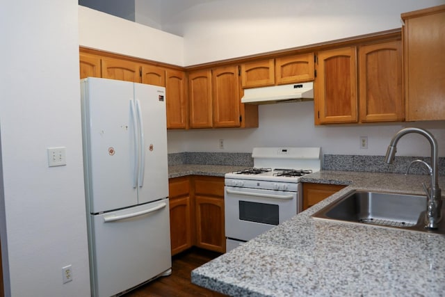 5157 E Truman Ave, Fresno, CA 93725 - kitchen featuring white appliances, under cabinet range hood, a sink, brown cabinets, and dark wood-style floors