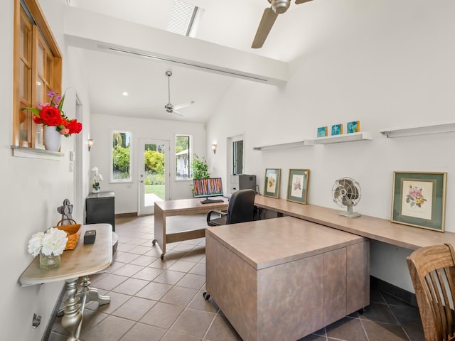 6043 N Forkner Ave, Fresno, CA 93711 - tiled home office with ceiling fan, lofted ceiling, and baseboards