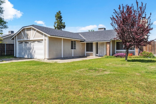 704 Rosehill Dr, Chowchilla, CA 93610 - ranch-style house with a garage, stucco siding, fence, a front lawn, and a shingled roof