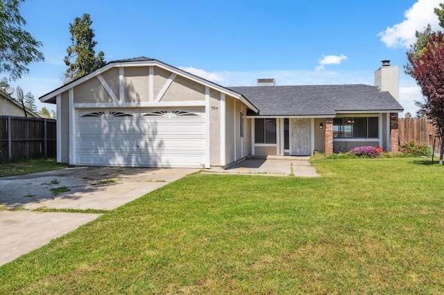 704 Rosehill Dr, Chowchilla, CA 93610 - ranch-style home with a front yard, a garage, a chimney, fence, and driveway
