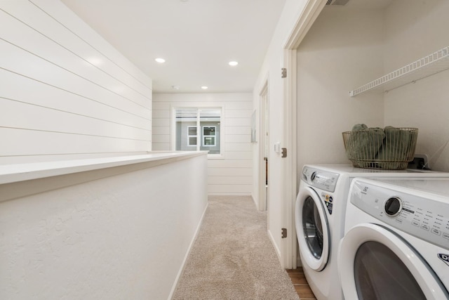2110 N Brindac Ln, Clovis, CA 93619 - laundry area featuring washing machine and clothes dryer, light carpet, and recessed lighting