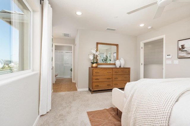 2110 N Brindac Ln, Clovis, CA 93619 - bedroom with carpet flooring, recessed lighting, a ceiling fan, and connected bathroom