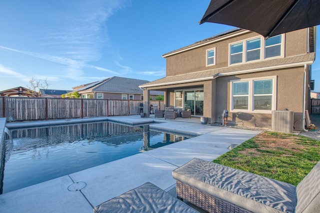 view of pool with central air condition unit, a fenced backyard, an outdoor hangout area, a patio area, and a fenced in pool