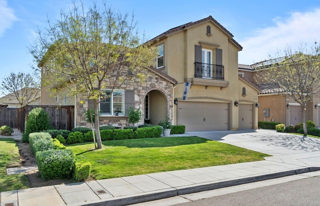 view of front of property with a front yard, a balcony, stone siding, an attached garage, and fence