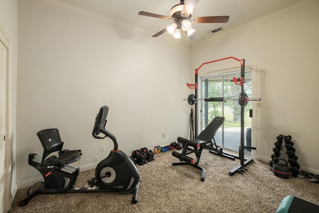 exercise room featuring crown molding, baseboards, carpet floors, and visible vents