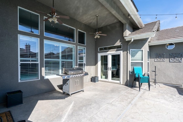 view of patio featuring french doors, grilling area, and ceiling fan