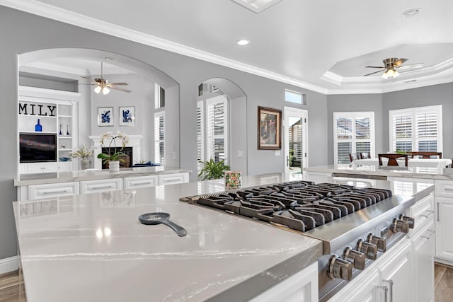 kitchen with crown molding, arched walkways, a ceiling fan, and stainless steel gas cooktop