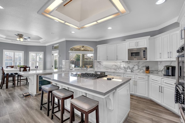 kitchen featuring a breakfast bar, recessed lighting, a tray ceiling, ceiling fan, and appliances with stainless steel finishes