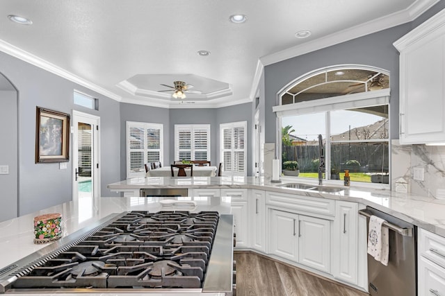 kitchen featuring ceiling fan, stainless steel dishwasher, light stone countertops, a sink, and light wood finished floors