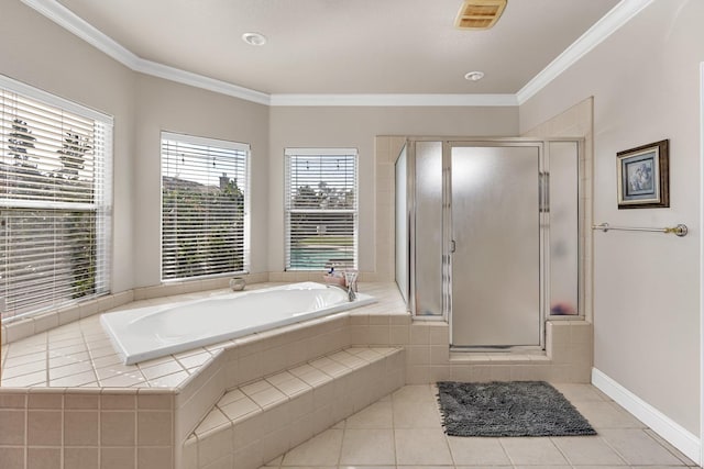 bathroom featuring a shower stall, tile patterned floors, a bath, and ornamental molding