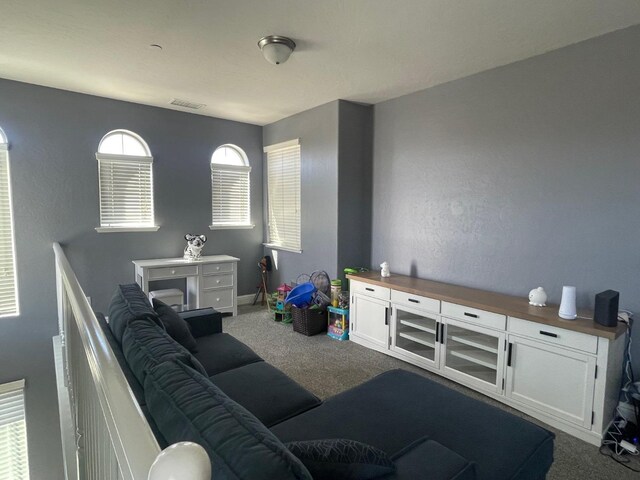 living area featuring dark colored carpet and visible vents