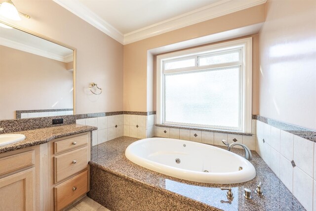 18778 Shore Dr, Madera, CA 93638 - full bath with crown molding, a whirlpool tub, and vanity