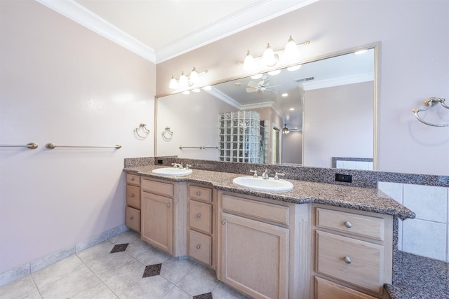 18778 Shore Dr, Madera, CA 93638 - full bath featuring crown molding, double vanity, a sink, and tile patterned floors