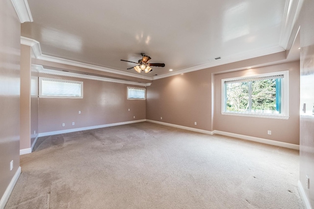 18778 Shore Dr, Madera, CA 93638 - carpeted spare room featuring visible vents, baseboards, ornamental molding, and a ceiling fan