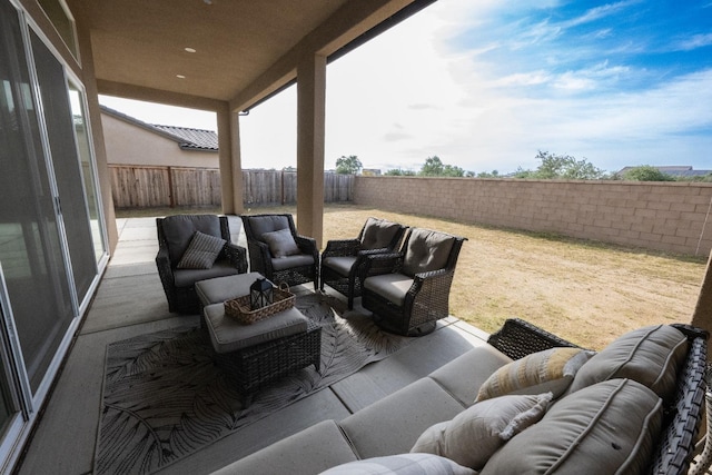 view of patio / terrace featuring a fenced backyard and outdoor lounge area