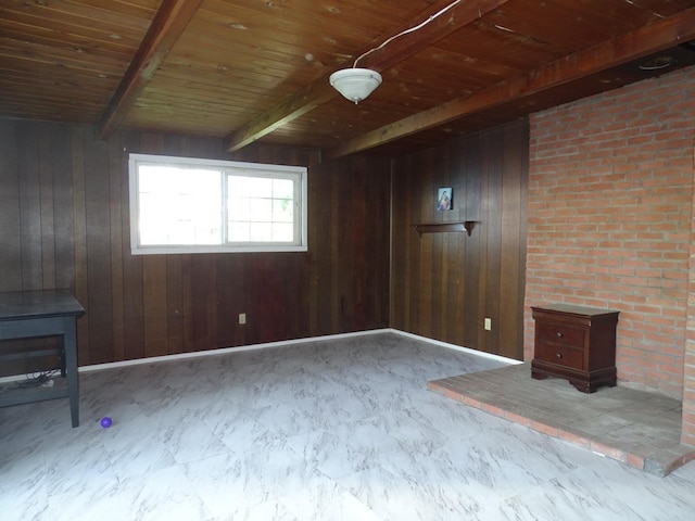 unfurnished living room with wooden ceiling, wooden walls, and beam ceiling