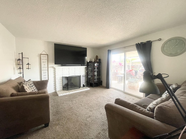 carpeted living area with a textured ceiling and a brick fireplace
