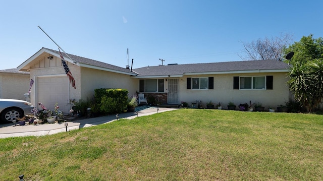 single story home featuring a garage, stucco siding, and a front yard