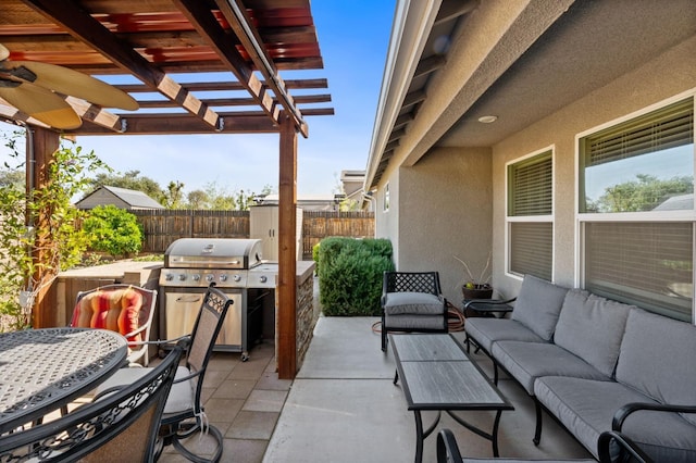 view of patio featuring a pergola, a grill, outdoor lounge area, fence, and outdoor dining space