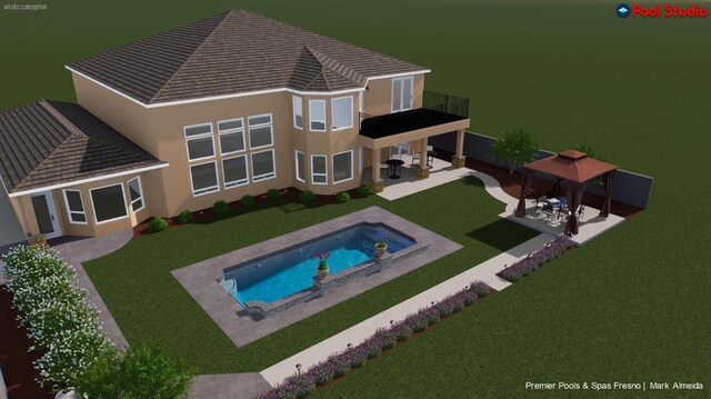 5136 W Bluff Ave, Fresno, CA 93722 - rear view of property with a balcony, a patio area, a gazebo, a yard, and stucco siding