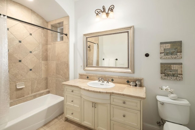 bathroom featuring tile patterned flooring, shower / bathtub combination with curtain, toilet, and vanity