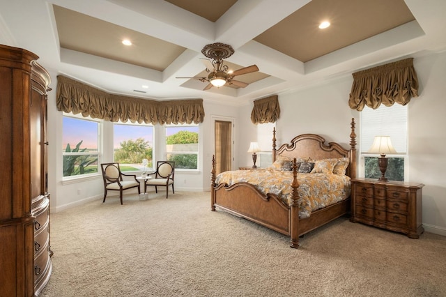 bedroom featuring recessed lighting, baseboards, light carpet, and coffered ceiling