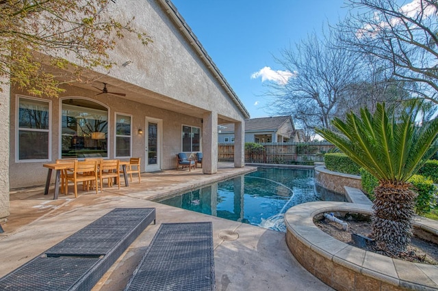 8389 N Paula Ave, Fresno, CA 93720 - view of pool with a ceiling fan, a patio area, a fenced in pool, and fence